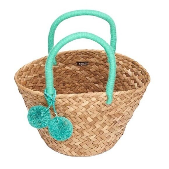 KAYU Mini St Tropez Straw Tote Bag Pom Pom Natural Sea foam Green Travel - Picture 4 of 14